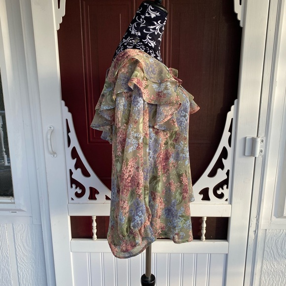 Cato Women's Sheer Floral Crepe Ruffle Poet Blouse Top Open Back with tie bow - Picture 8 of 16